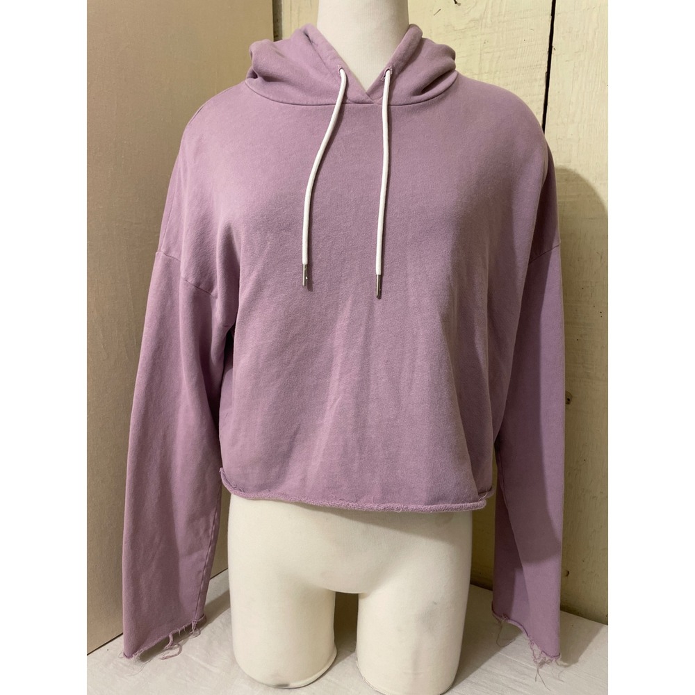 Mate Womens‎ Large Lavender Cropped Hoodie Raw Hem Relaxed Pullover Sweatshirt